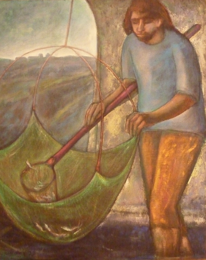 Fiaba 28 - Il figlio del pescivendolo  (O kunto tu pescivìndulu) 104) Giovane pescatore sotto il ponte Saline di Comacchio 1977 96×121 olio su tela